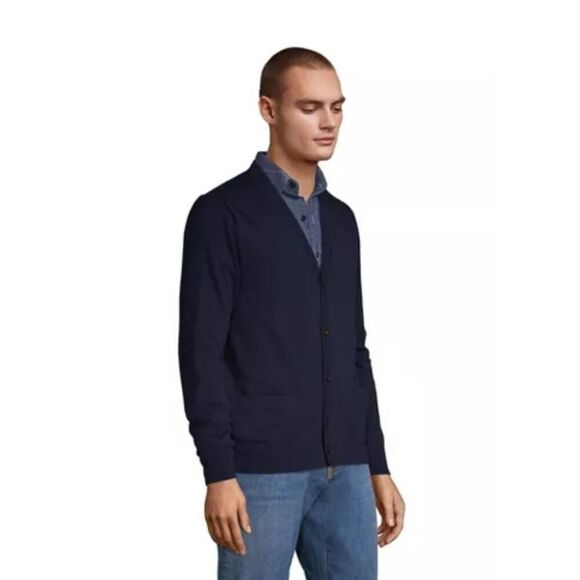 Land's End 100% Supima Cotton Men's Navy Cardigan Sweater Lightweight Grandpa - Picture 2 of 12